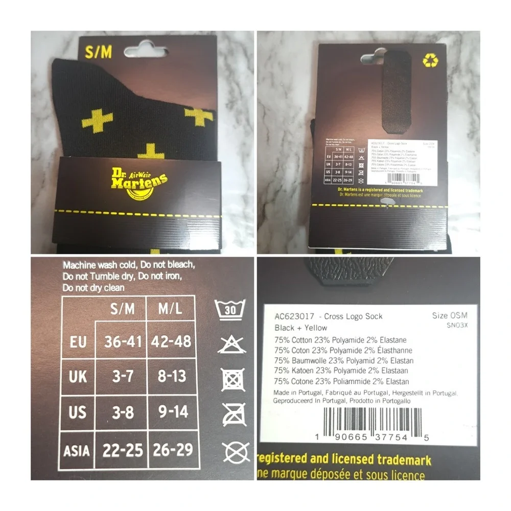 1 Pair Dr. Martens Size S/M (3-8) Cross Logo‎ Socks Black & Yellow
